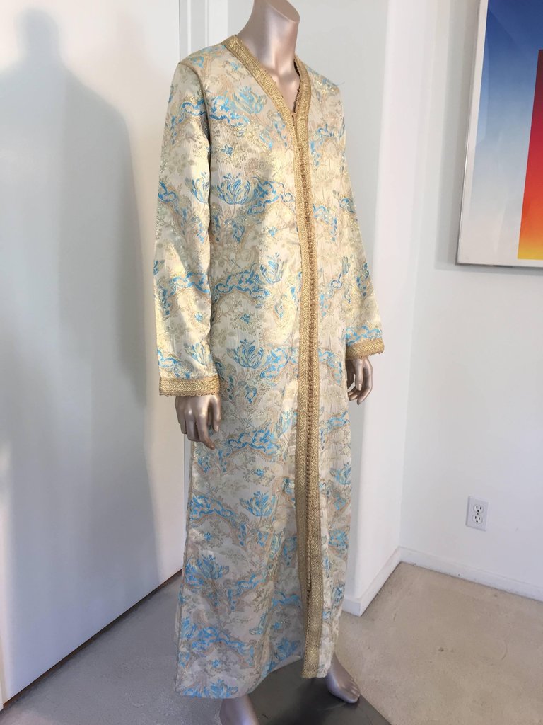 Moroccan Caftan, Turquoise and Gold Brocade Kaftan Size M to L