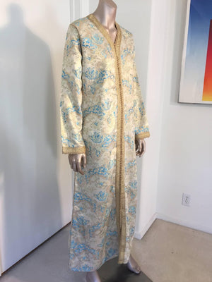 Moroccan Caftan, Turquoise and Gold Brocade Kaftan Size M to L