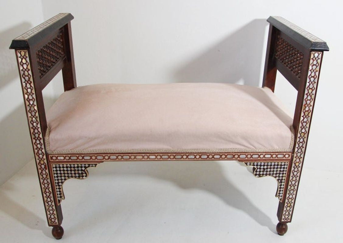 Antique Moroccan Benches with Mosaic White Shell Inlay a Pair