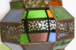 Handcrafted Moroccan Metal and Multi-Color Glass Lantern Octagonal Diamond Shape