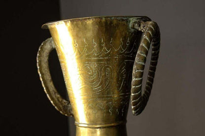 Large Islamic Brass Calligraphic Two-Handled Vase, circa 1920