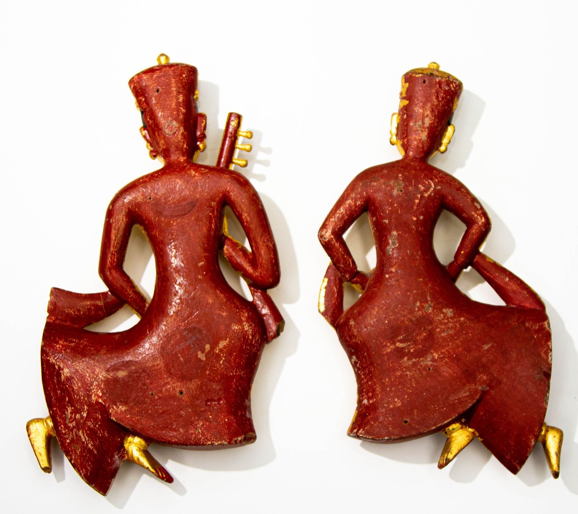 Hand Carved Wood Rajasthani Female Musicians Wall Sculptures from India Set of 2