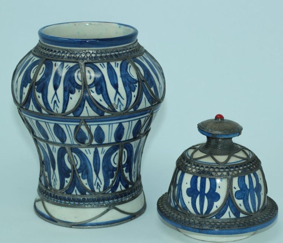 Moroccan Ceramic Vase from Fez Blue and White with Silver Filigree