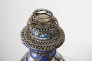 Antique Moroccan Ceramic Candlestick from Fez with Silver Filigree