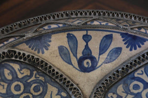 Moroccan Ceramic Blue Bowl Adorned with Silver Filigree from Fez Antique 1920s