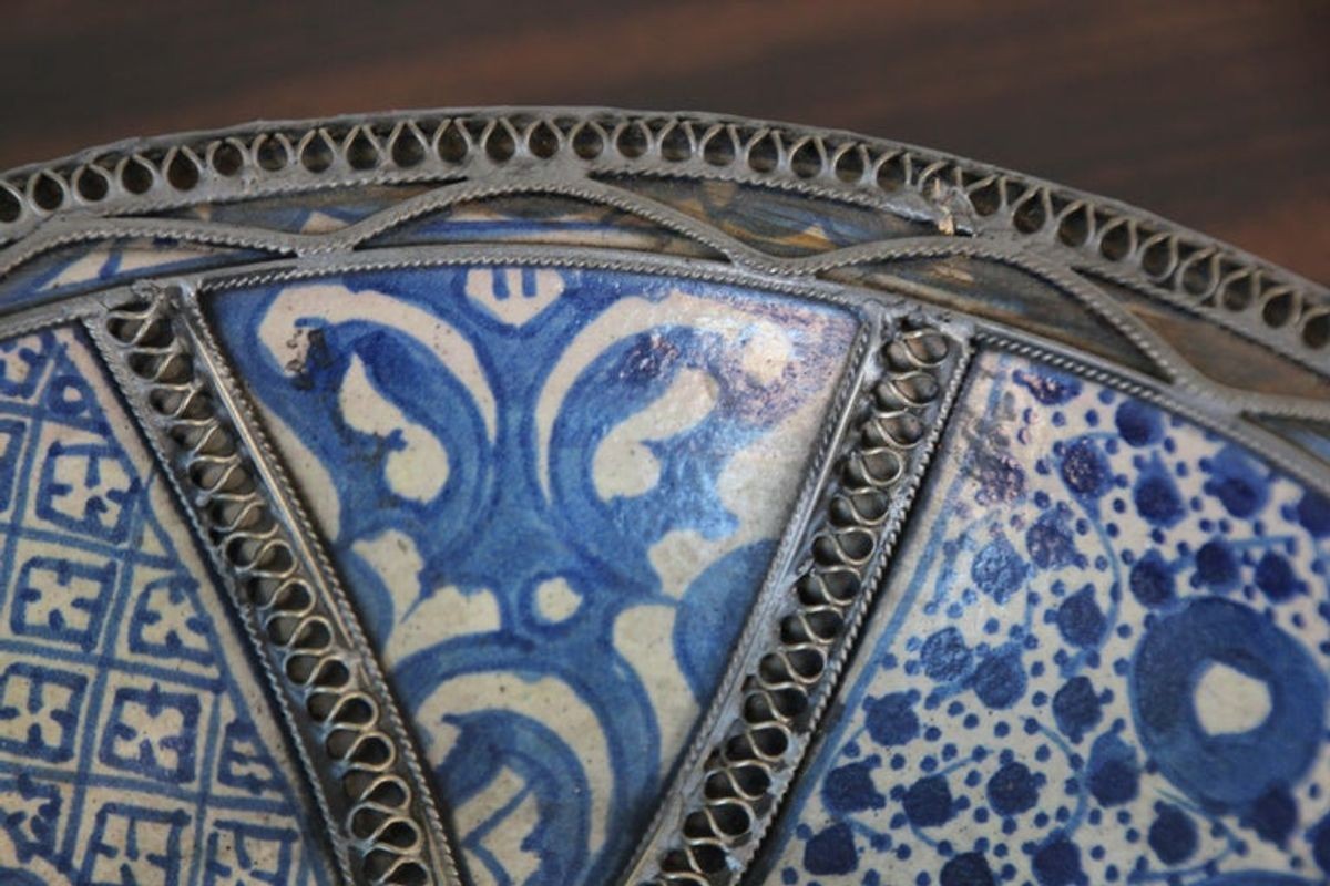 Moroccan Blue Ceramic Dish Bowl Adorned with Silver Filigree from Fez