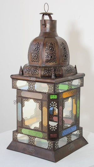 Moroccan Moorish Metal Lantern with Multicolor Glass