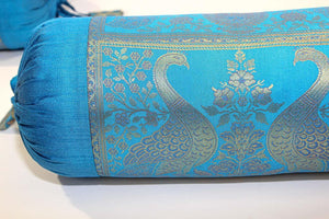 Bolster Pillows Turquoise Blue and Gold Colors with Peacock - A Pair