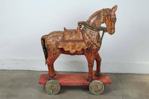 Antique Southeast Asian Polychrome Wooden Oversized Temple Horses from India