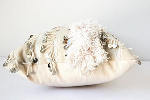 Vintage Moroccan White Pillow with Silver Sequins and Long Fringes