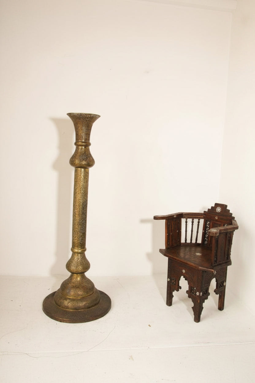 Monumental Middle Eastern Mamluk Revival Pierced Brass Floor Candlestick