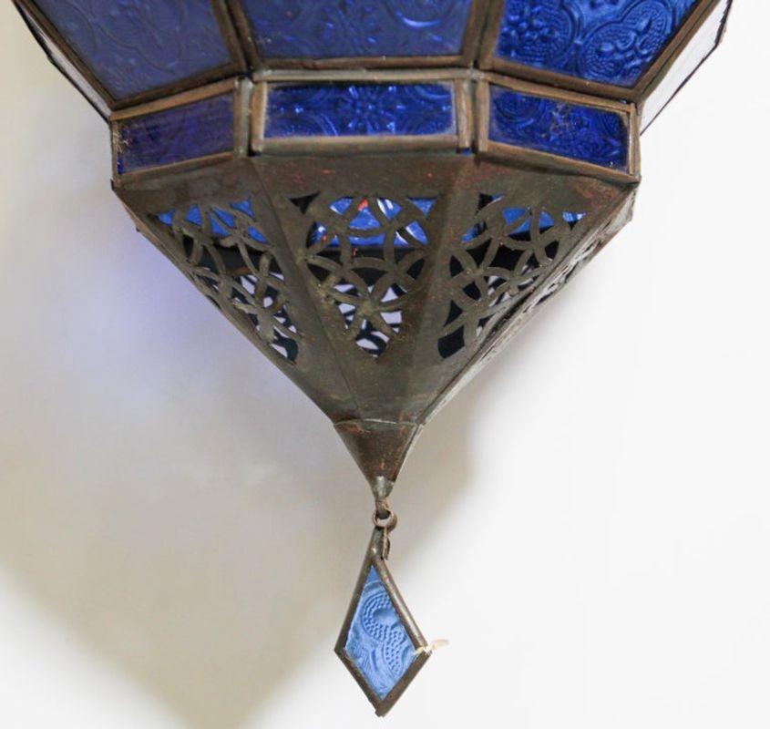 Handcrafted Moroccan Blue Glass Lantern Metal Octagonal Diamond Shape