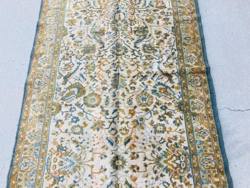 Vintage Hand-Knotted Wool Runner, Turkish Floral Design, Green, 1960