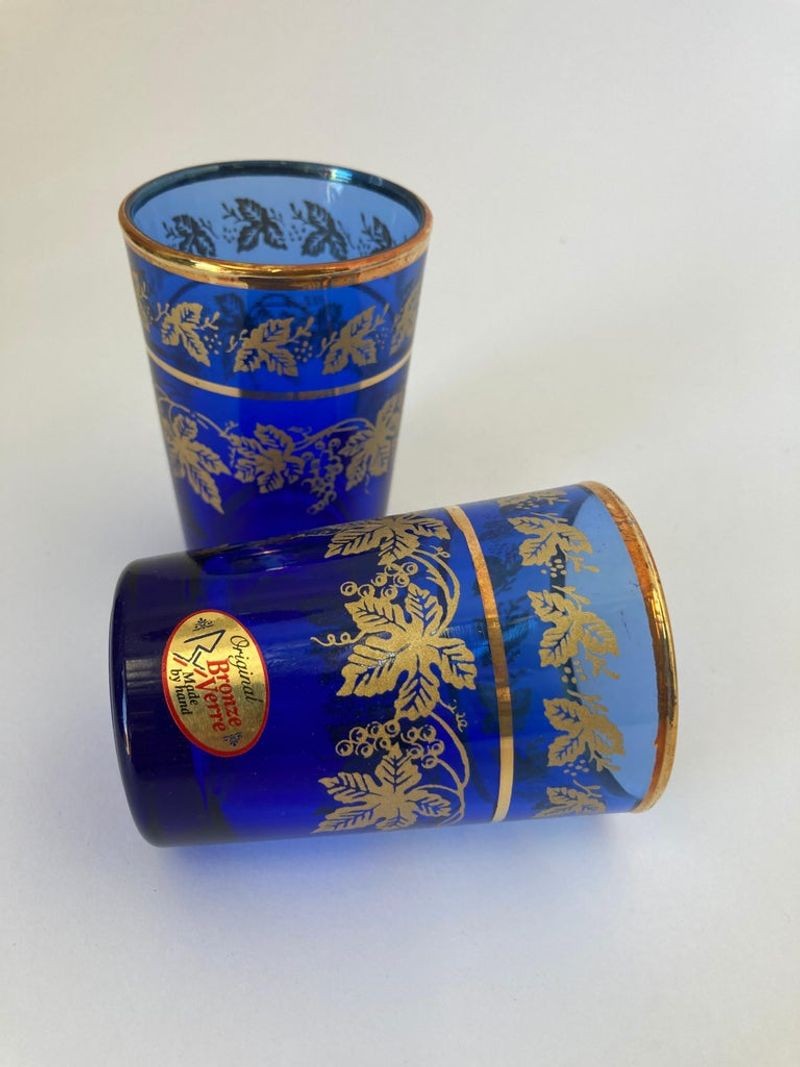 Set of Six Handblown Moorish Blue and Gold Glasses
