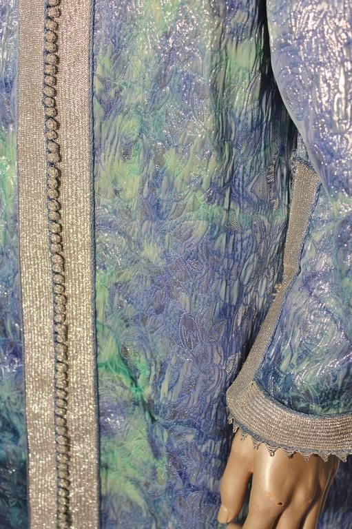 Moroccan Moorish Caftan Maxi Dress Brocade Aquamarine Blue and Silver Size M L