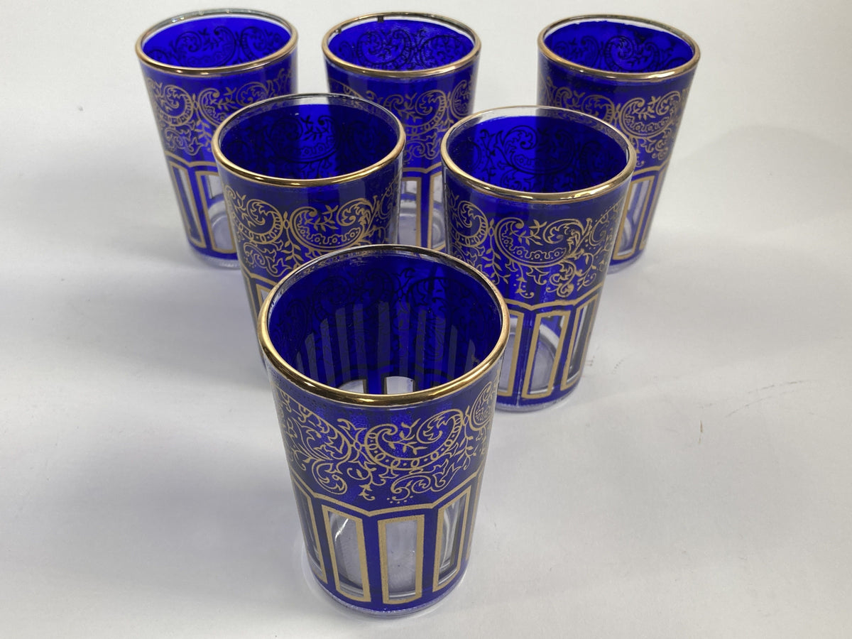 Moroccan Royal Blue Shot Glasses Set of Six, Gold Moorish Design, 1980