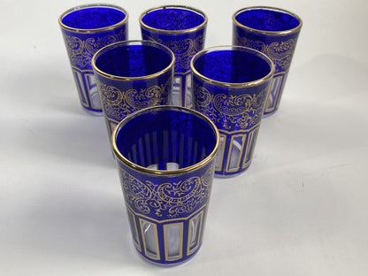 Moroccan Royal Blue Shot Glasses Set of Six, Gold Moorish Design, 1980