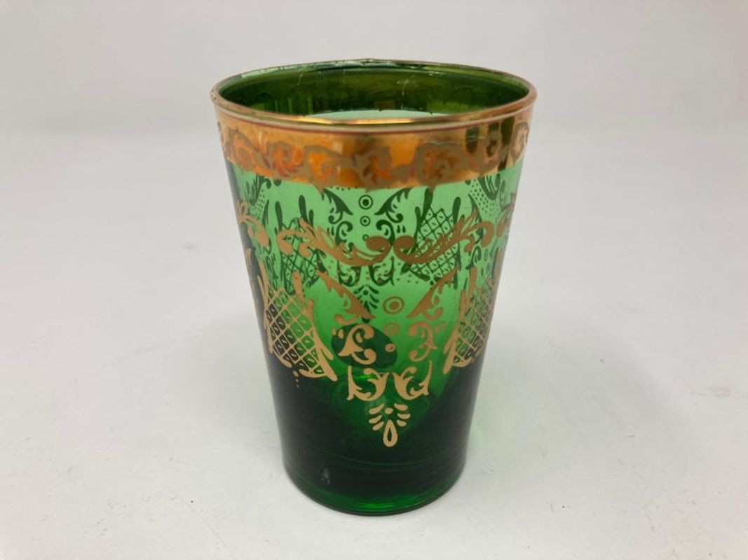 Set of Six Handblown Moorish Green and Gold Tea Glasses