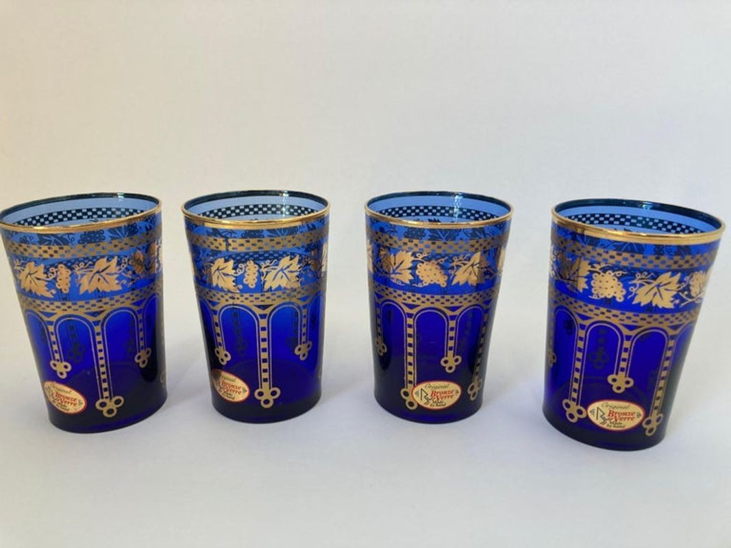 Moorish Blue and Gold Crystal Barware Italian Drinking Glasses Set of 4