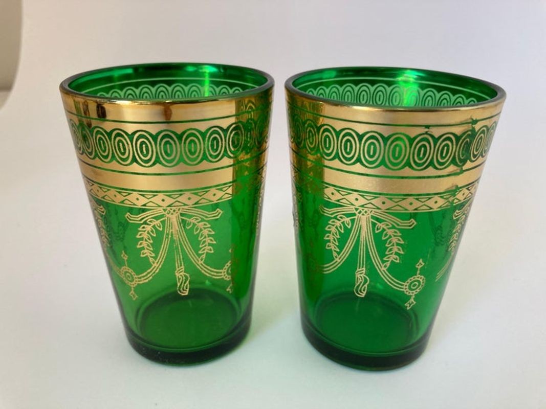 Set of Six Handblown Moroccan Moorish Green and Gold Glasses