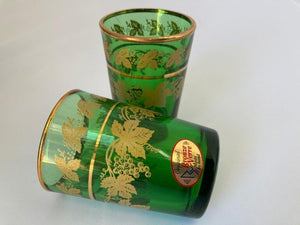Set of Six Handblown Italian Moorish Green with Gold Shot Glasses