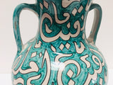 Large Moroccan Glazed Ceramic Vase With Arabic Calligraphy Turquoise Writing Fez