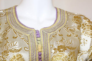 Moroccan Vintage Caftan in Gold Metallic Brocade, Maxi Gown Dress Kaftan