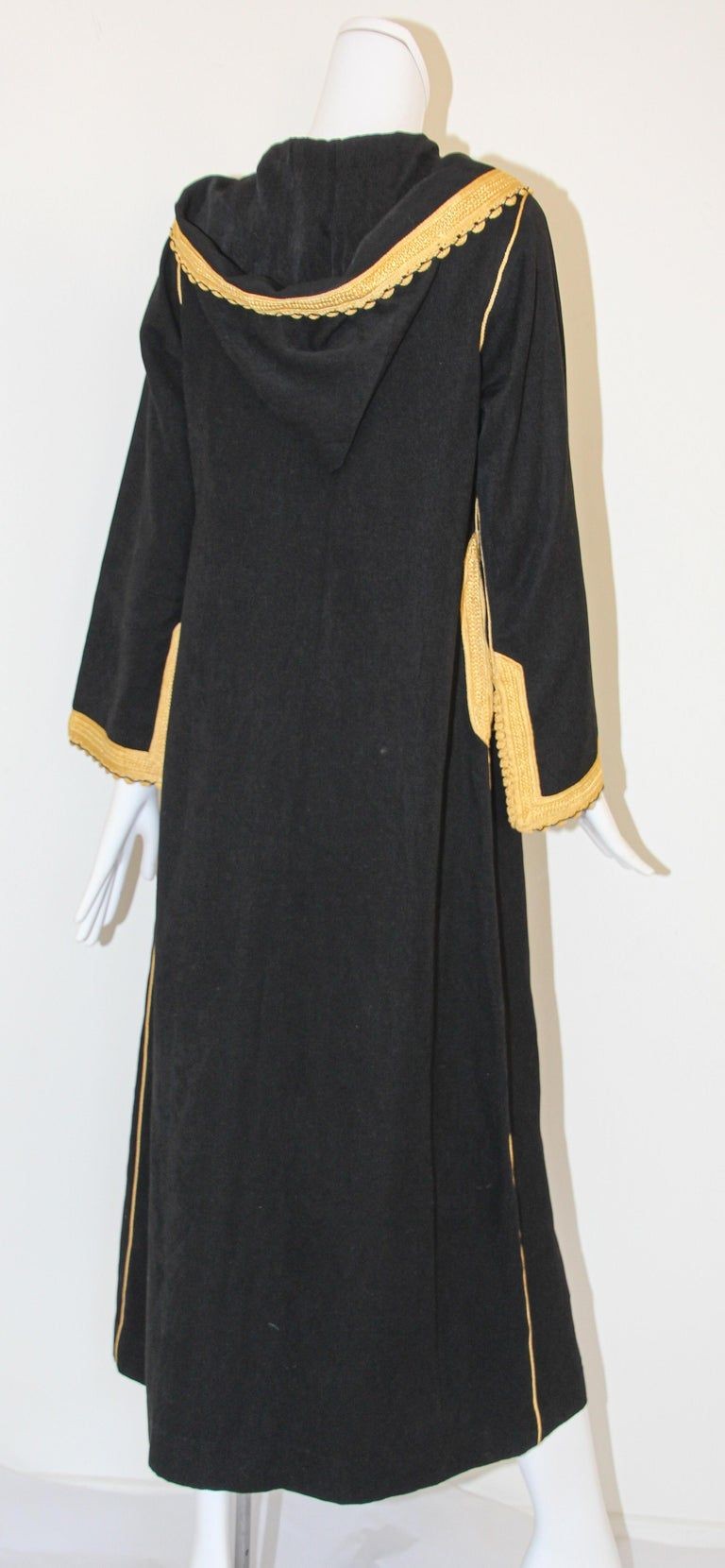 Vintage Moroccan Caftan, Hooded Black and Gold Trim Kaftan Circa 1970's