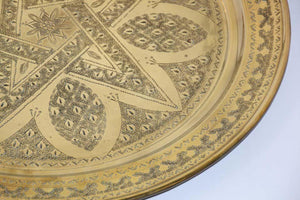 Antique Moroccan Brass Tray Star Etched Collectible Polished Platter 22.5 in. D.