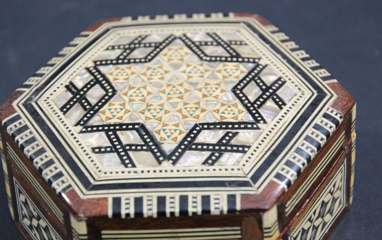 Handcrafted White Mosaic Marquetry Moorish Octagonal Box