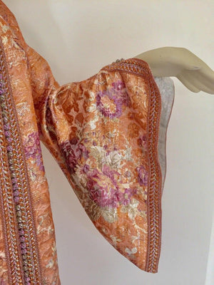 Moroccan Kaftan Orange and Purple Floral with Gold Embroidered Maxi Dress Caftan