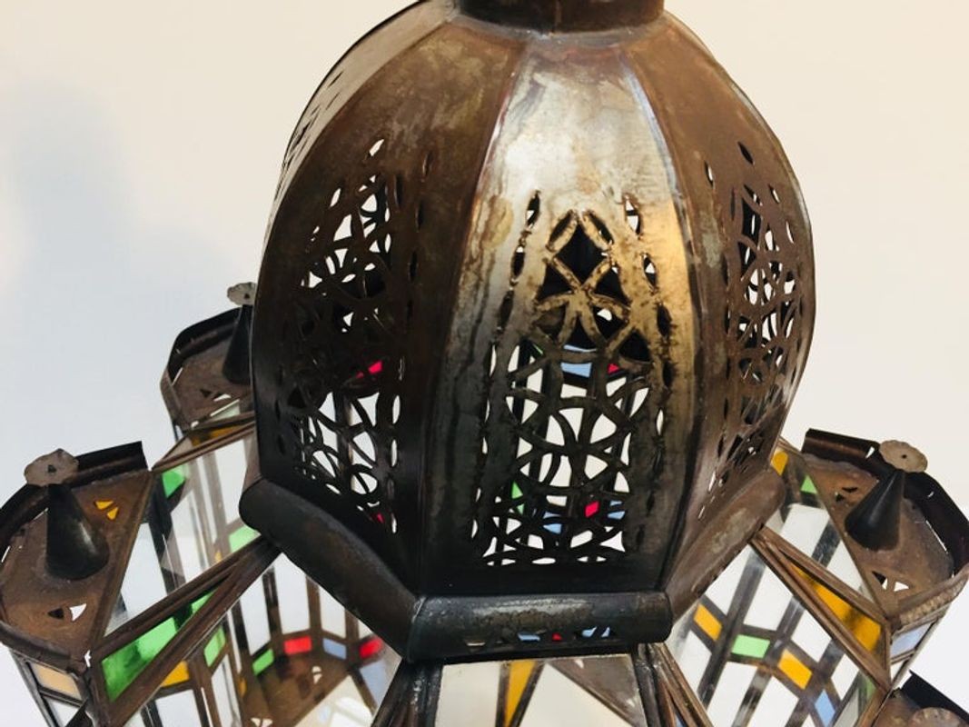 Moorish Glass Lantern, Handcrafted Metal & Glass, Morocco
