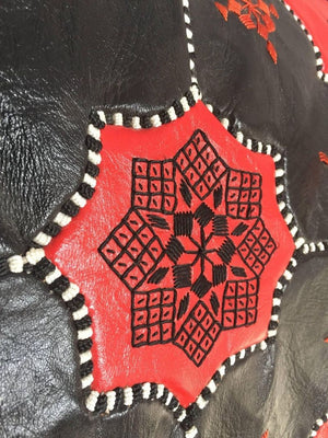 Vintage Moroccan Leather Rectangular Pouf in Red and Black