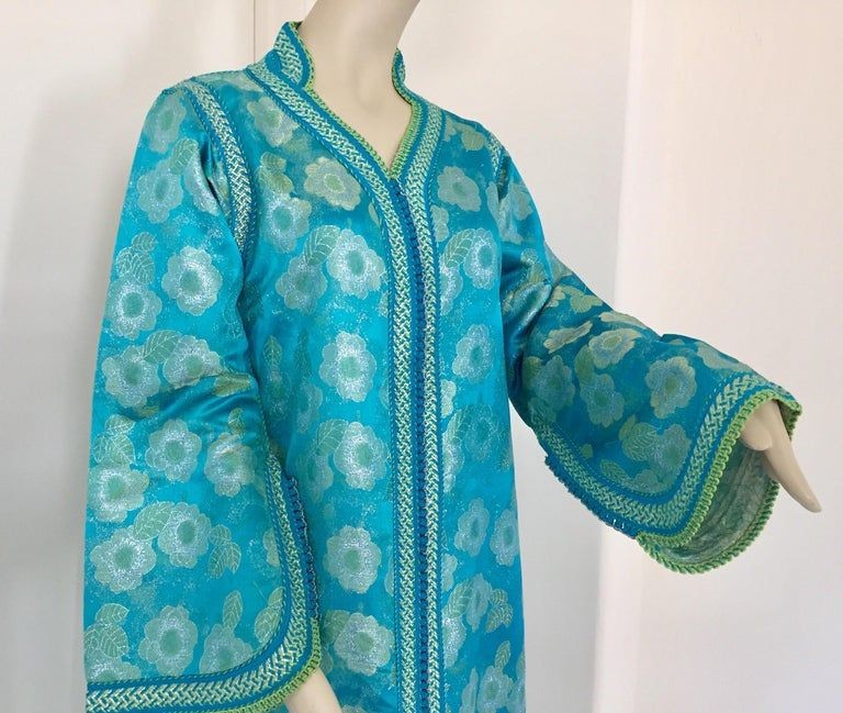 Moroccan Kaftan in Turquoise and Gold Floral Brocade Metallic Lame