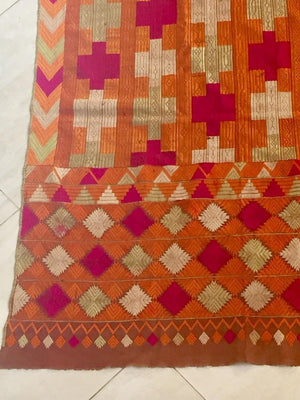 Phulkari Bawan Bagh Silk Embroidery Wedding Shawl, Punjab India