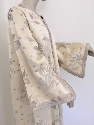 1960's Vintage Moroccan Caftan with Silver Metallic Floral Silk Brocade