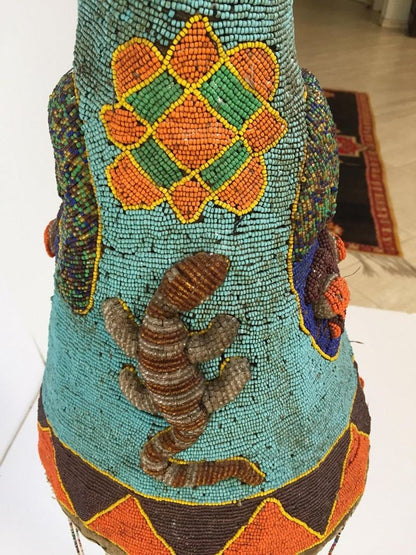 Yoruba Nigeria African Royal Beaded Headdress Crown on Lucite Stand