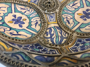 Moroccan Ceramic Plate Adorned with Silver Filigree from Fez
