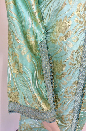 Moroccan Kaftan in Aqua and Gold Floral Brocade Metallic Lame