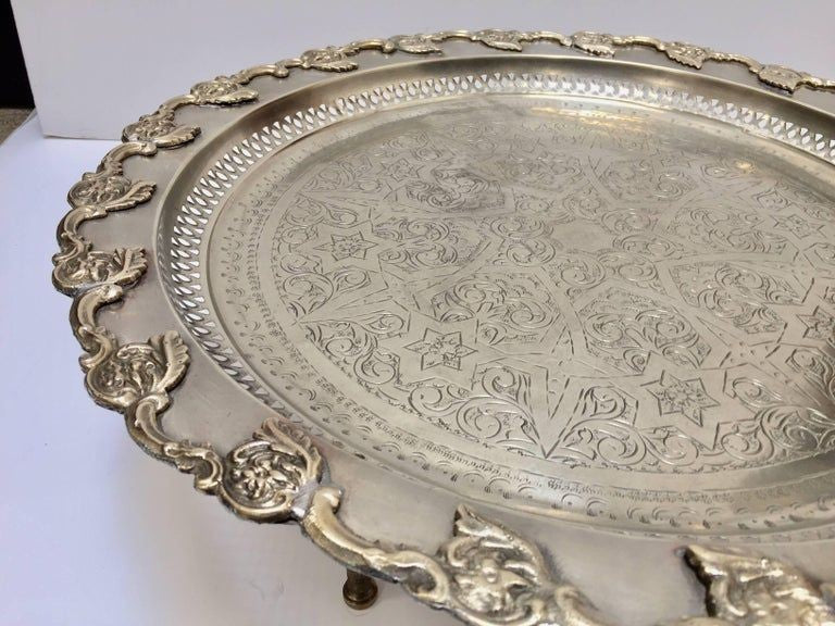 Moroccan Polished Round Footed Silvered Tray Table
