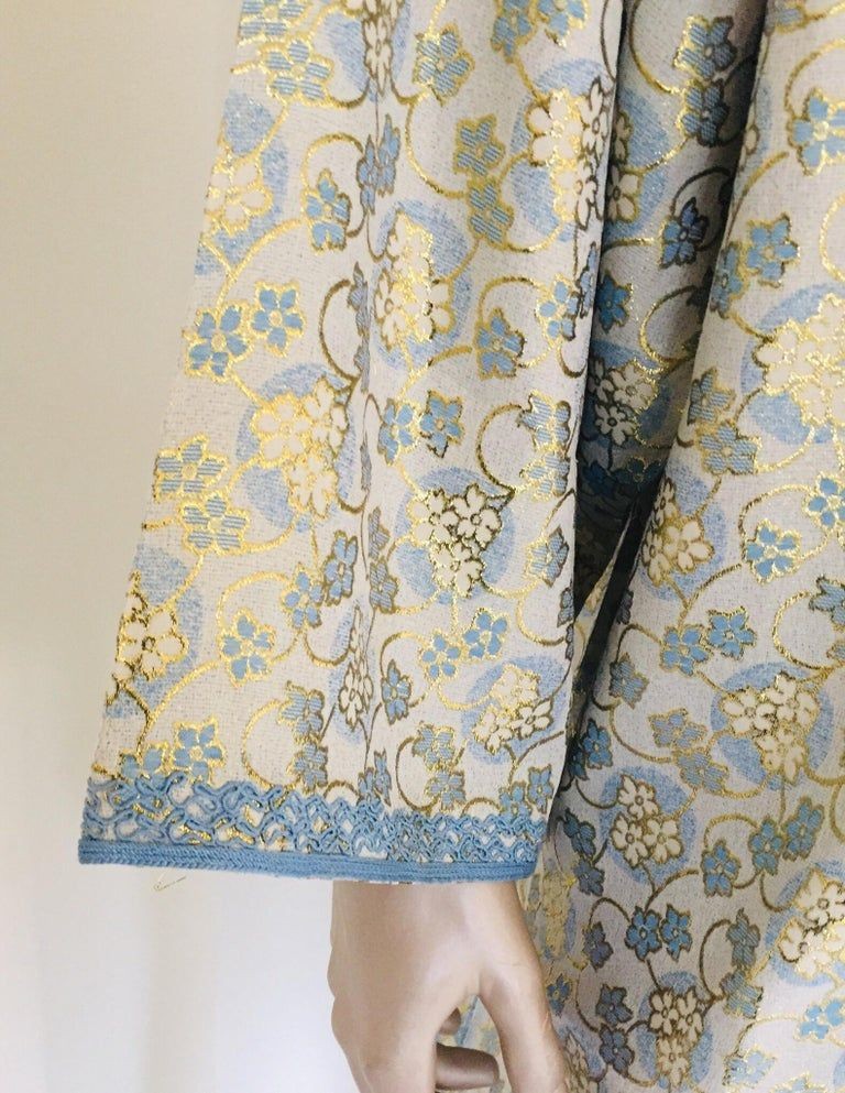 Metallic Blue and Silver Brocade 1970s Maxi Dress Caftan, Evening Gown Kaftan