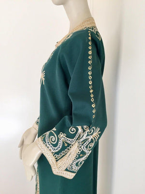 Vintage Moroccan Caftan Emerald Green Maxi Dress, circa 1970 Size M