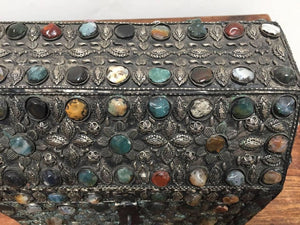 Large Moroccan Wedding Silvered Jewelry Box Inlaid with Semi-Precious Stones
