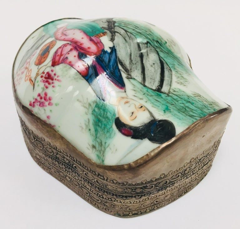 Vintage Trinket Metal Box with Porcelain Top Hand Painted Asian Scene