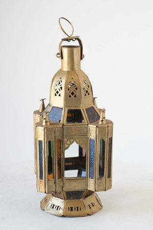 Moroccan Candle Lantern in Moorish Gilt Metal and Glass