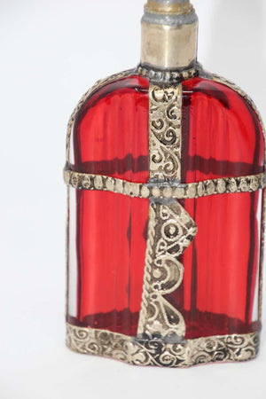 Moroccan Red Glass Perfume Bottle Sprinkler with Embossed Metal Overlay