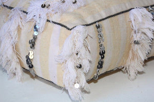 Moroccan White Floor Pillow with Silver Sequins and Long Fringes