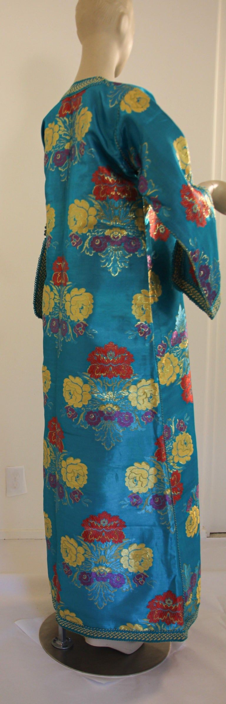 Elegant Moroccan Caftan in Blue Metallic Floral Brocade