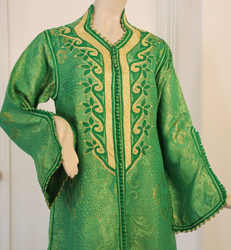 Elegant Moroccan Caftan Emerald Green and Gold Metallic Brocade