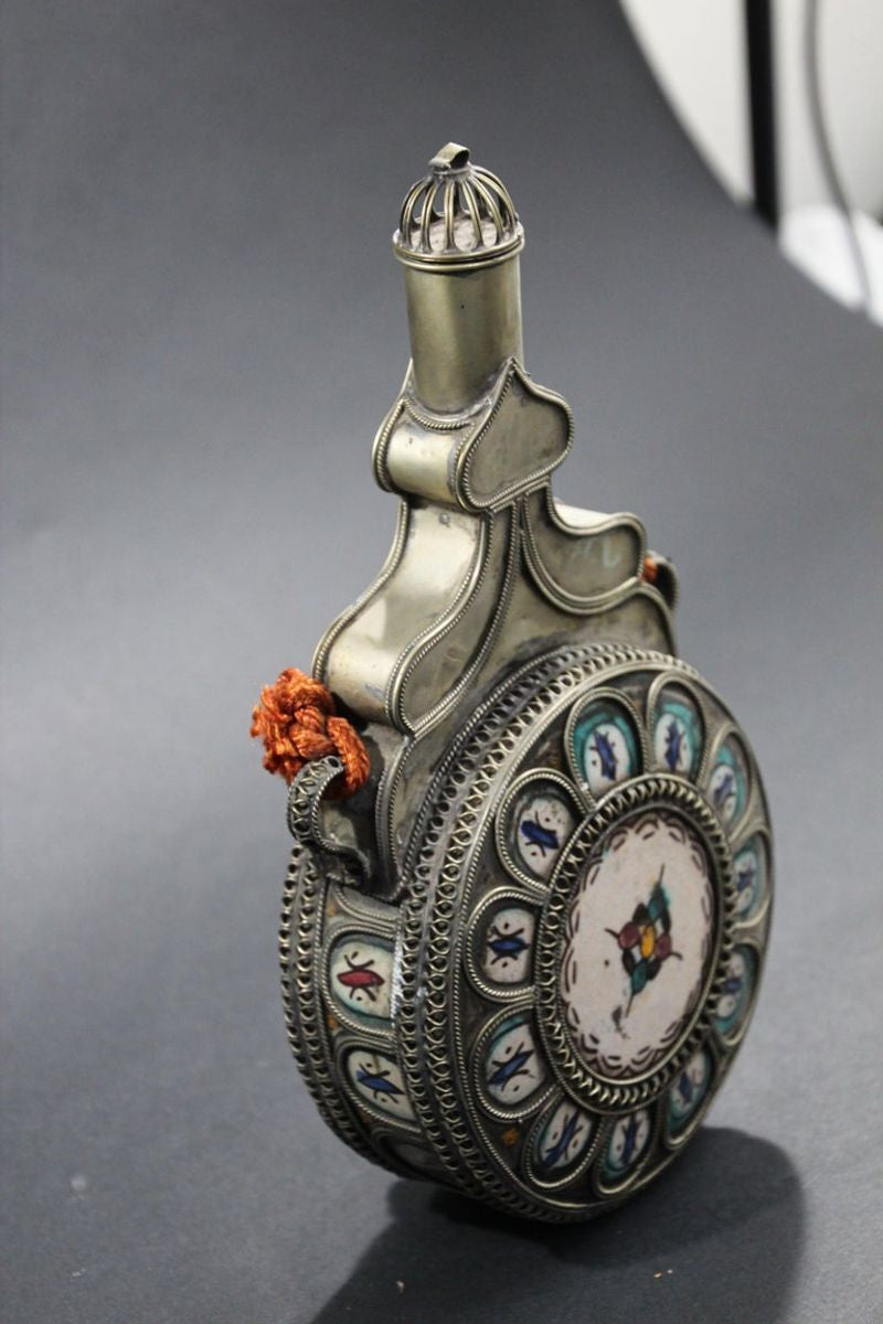 Moroccan Ceramic Flask Bottle from Fez with Silvered Filigree
